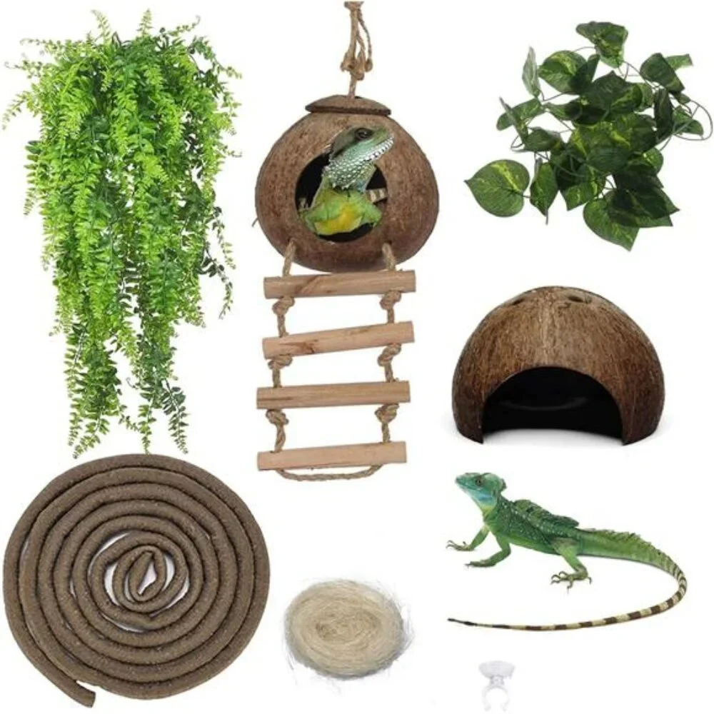6PCS Lizard Habitat Decor,Leopard Gecko Hideout Coconut Shell Hole Hut,Bearded